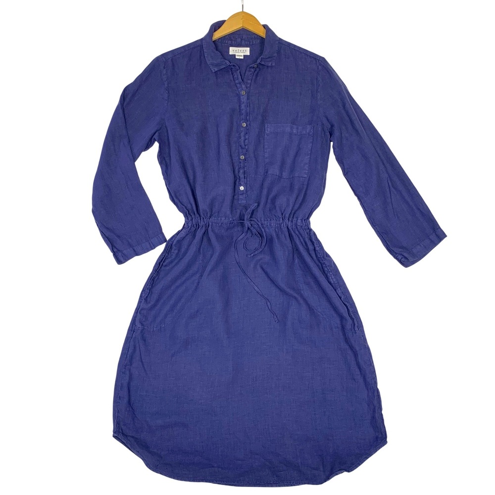Velvet Graham Spencer Dress Womens Sz L Navy Blue 100% Linen Shirt Dress Pockets